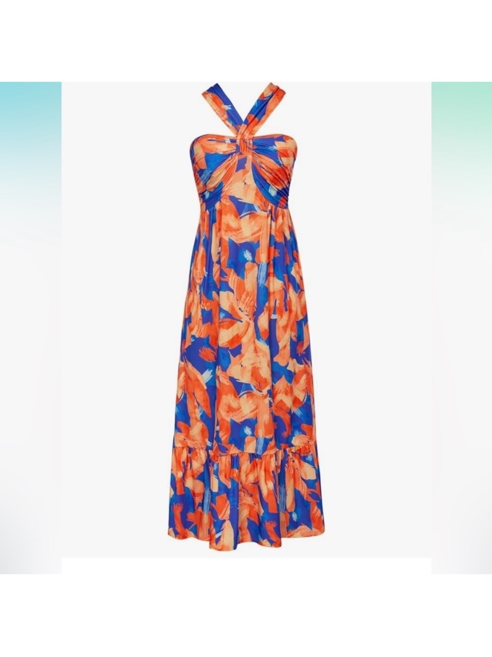Grace Karin Twist Halter Blue and Orange Floral Maxi Dress size M